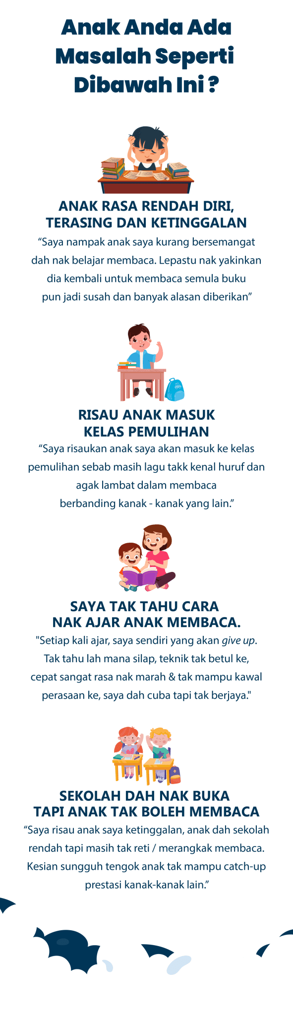 Masalah Seperti Dibawah Ini ? ANAK RASA RENDAH DIRI, TERASING DAN KETINGGALAN "Saya nampak anak saya kurang bersemangat dah nak belajar membaca. Lepastu nak yakinkan dia kembali untuk membaca semula buku pun jadi susah dan banyak alasan diberikan" RISAU ANAK MASUK KELAS PEMULIHAN "Saya risaukan anak saya akan masuk ke kelas pemulihan sebab masih lagu takk kenal huruf dan agak lambat dalam membaca berbanding kanak - kanak yang lain." SAYA TAK TAHU CARA NAK AJAR ANAK MEMBACA. "Setiap kali ajar, saya sendiri yang akan give up. Tak tahu lah mana silap, teknik tak betul ke, cepat sangat rasa nak marah & tak mampu kawal perasaan ke, saya dah cuba tapi tak berjaya." SEKOLAH DAH NAK BUKA TAPI ANAK TAK BOLEH MEMBACA "Saya risau anak saya ketinggalan, anak dah sekolah rendah tapi masih tak reti / merangkak membaca. Kesian sungguh tengok anak tak mampu catch-up prestasi kanak-kanak lain."